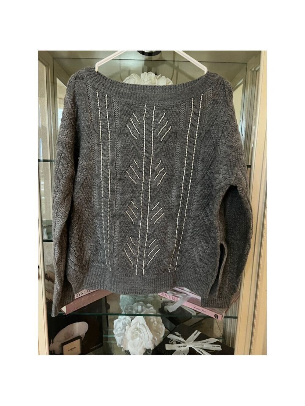 NWT Ramy Brook Gray Cable Knit Sweater with Silver Embellishments XS-Fits a L